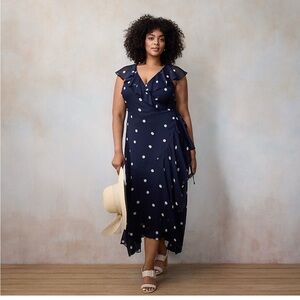 LC Lauren Conrad Asymmetrical Navy Dress with White Dots